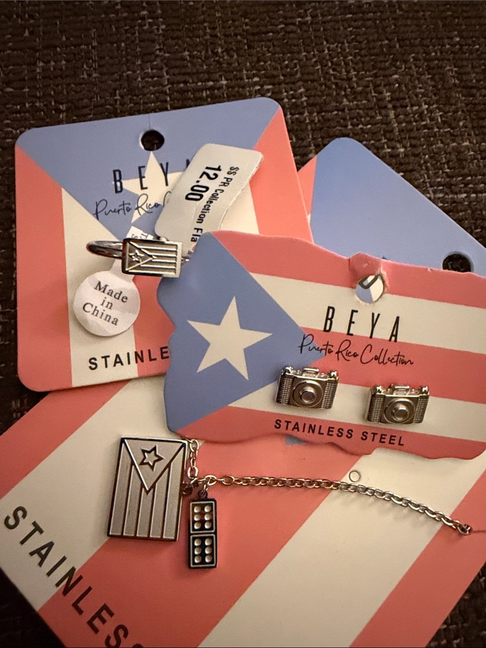 Puerto Rico Flag Ring and Necklace with Camera Stud Earrings